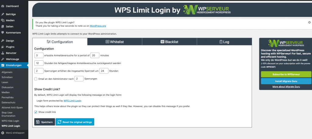 Wordpress Sicherheit WPS Limit Login konfigurieren